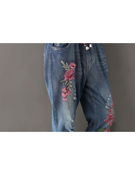 Pants & Capris Plus Size Women Jeans Autumn Harem Pants Embroidery Floral Elastic Waist Oversize Vintage Trousers New Ripped ...