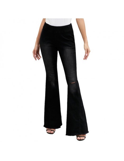 Jeans Fashion Casual High Waist Women Wide Leg Jeans Hole Solid Denim Jeans Ripped Pants - Black - 5P111139654427-1 $59.57