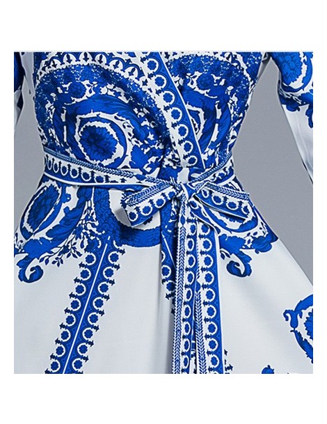 Dresses Runway Designer Blue and White Porcelain Print Dress 2019 Autumn Women Long Sleeve Cross V Neck Bow Belt Swing Long M...