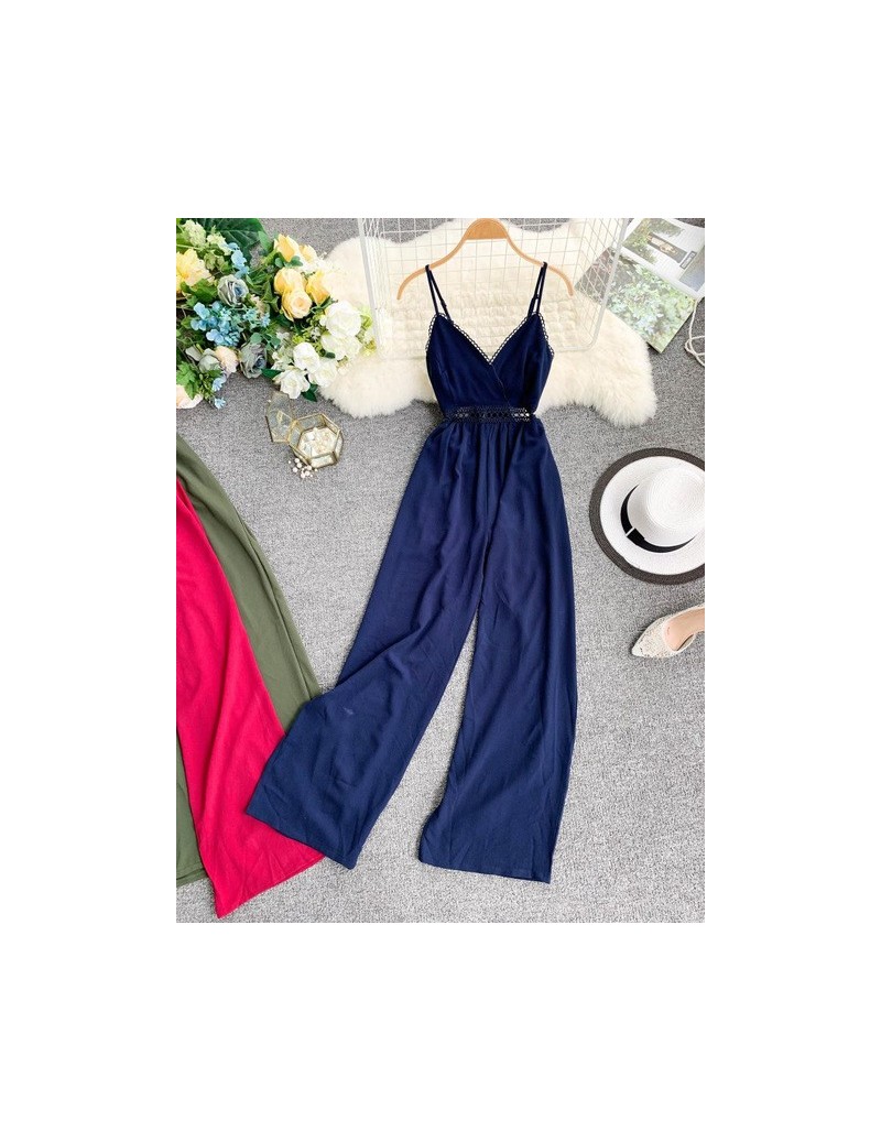 Jumpsuits Holiday Women Retro Jumpsuit 2019 Summer Solid Color Sexy V-neck Open Back Bow High Waist Wide Leg Overall Long Bea...
