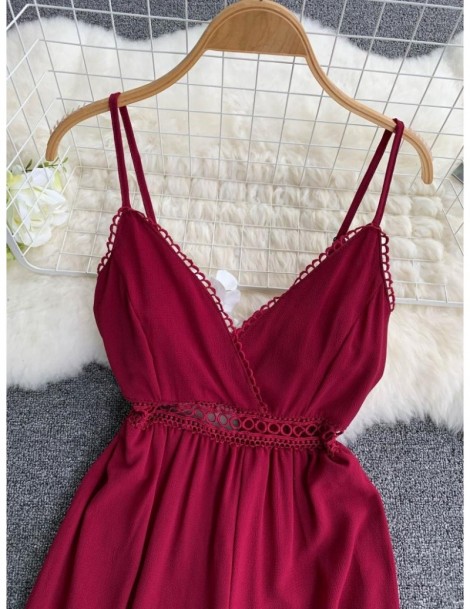Jumpsuits Holiday Women Retro Jumpsuit 2019 Summer Solid Color Sexy V-neck Open Back Bow High Waist Wide Leg Overall Long Bea...