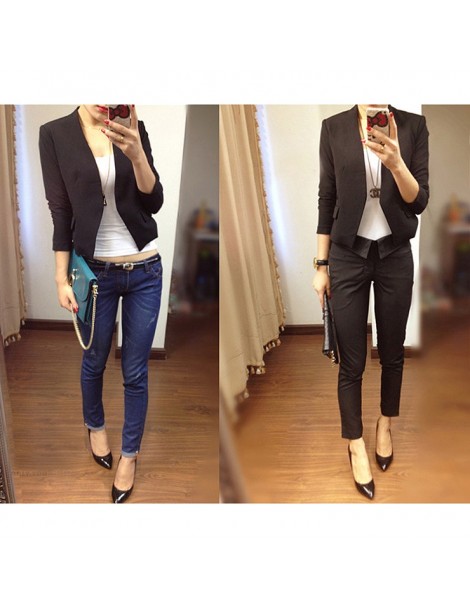 Jackets New Chic Basic Solid Color Fashion Women 3/4 Sleeve Pockets None Button Woman Slim Short Suit Jacket - A - 4A38308595...