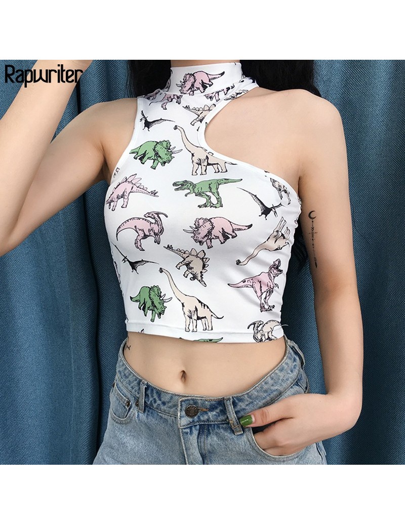 Sexy Hollow Out One Shoulder Sleeveless Stretch Dinosaur Halter Tank Top 2019 Summer Streetwear Bodycon Women Crop Top - Whi...