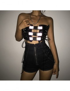 Tank Tops Fashion Top Women Sexy Hollow Up Lace-up Short Tanks Top 2019 Patchwork PU Skin Ladies Casual Black Personality Tan...