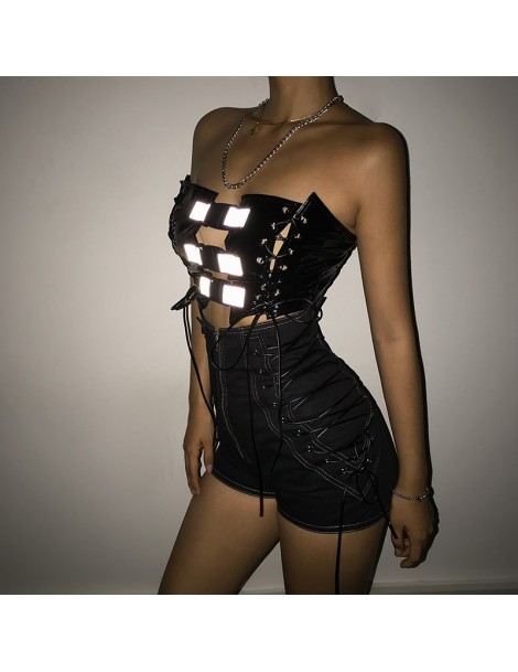 Tank Tops Fashion Top Women Sexy Hollow Up Lace-up Short Tanks Top 2019 Patchwork PU Skin Ladies Casual Black Personality Tan...
