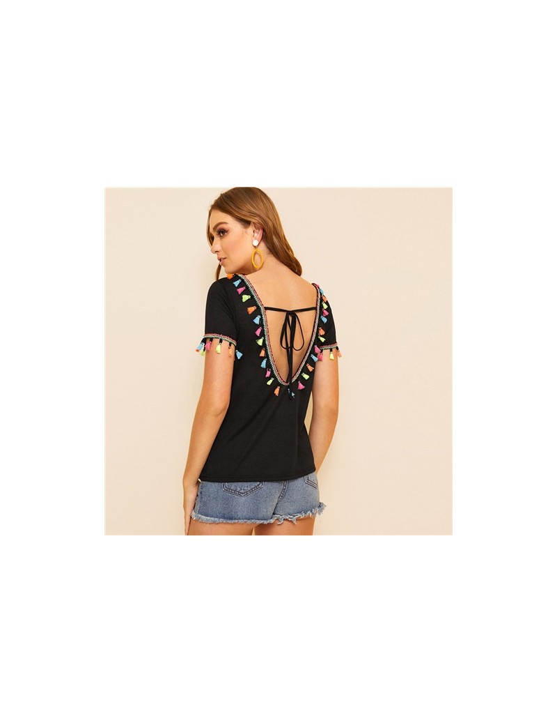 Boho Colorful Tassel Trim Knot V-Back Top T Shirt Women Summer V-neck Short Sleeve 2019 Sexy Solid T-Shirt Tops - Black - 4W...