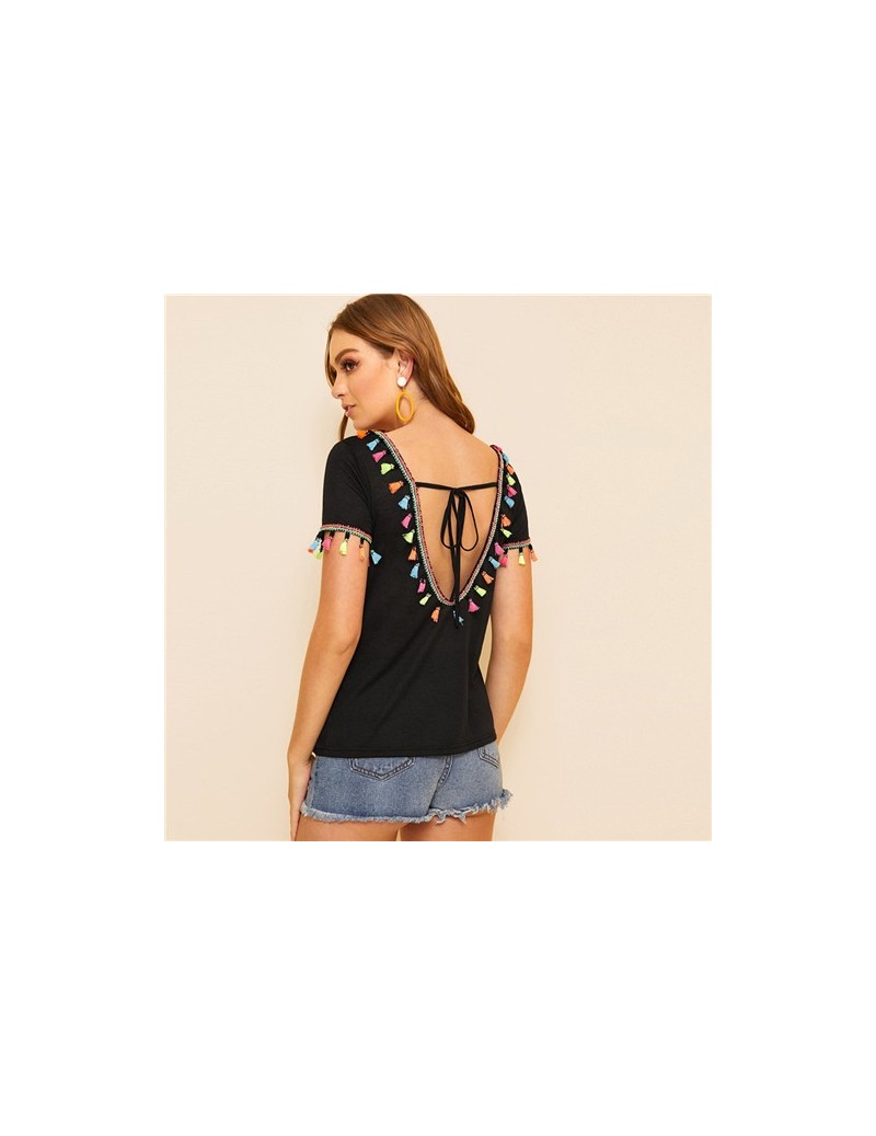 T-Shirts Boho Colorful Tassel Trim Knot V-Back Top T Shirt Women Summer V-neck Short Sleeve 2019 Sexy Solid T-Shirt Tops - Bl...