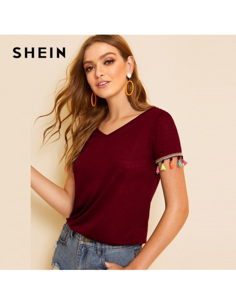 T-Shirts Boho Colorful Tassel Trim Knot V-Back Top T Shirt Women Summer V-neck Short Sleeve 2019 Sexy Solid T-Shirt Tops - Bl...