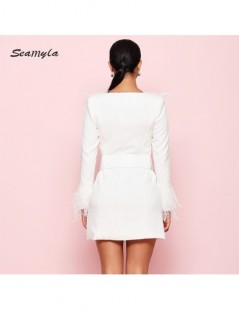 Dresses Seamyla 2019 New Elegant White Dress Women Fashion Club Runway Dress Long Sleeve Feathers V Neck Evening Party Dresse...