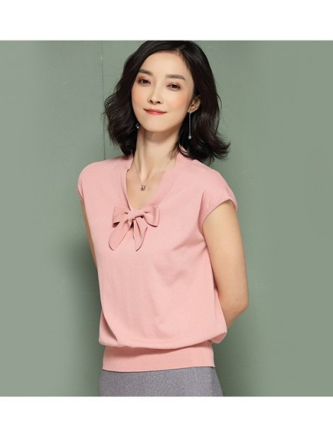 Pullovers 2018 New Summer Style V-Neck Knitted Pullovers Women Short Sleeved Bow Tie Knitwear Thin Sweaters XZ320 - pink - 4K...