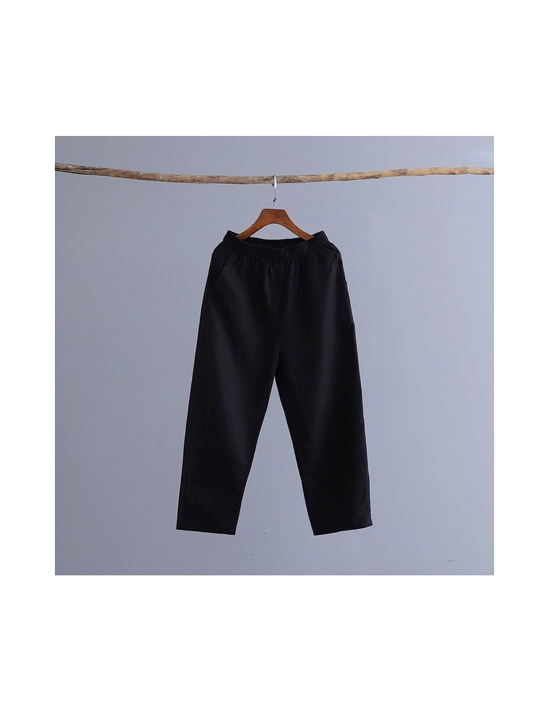 2019 New Style Casual Loose Women Calf-length Pants Spring Summer Fashion Solid Cotton Linen Women Pants - Black - 4E3002624...