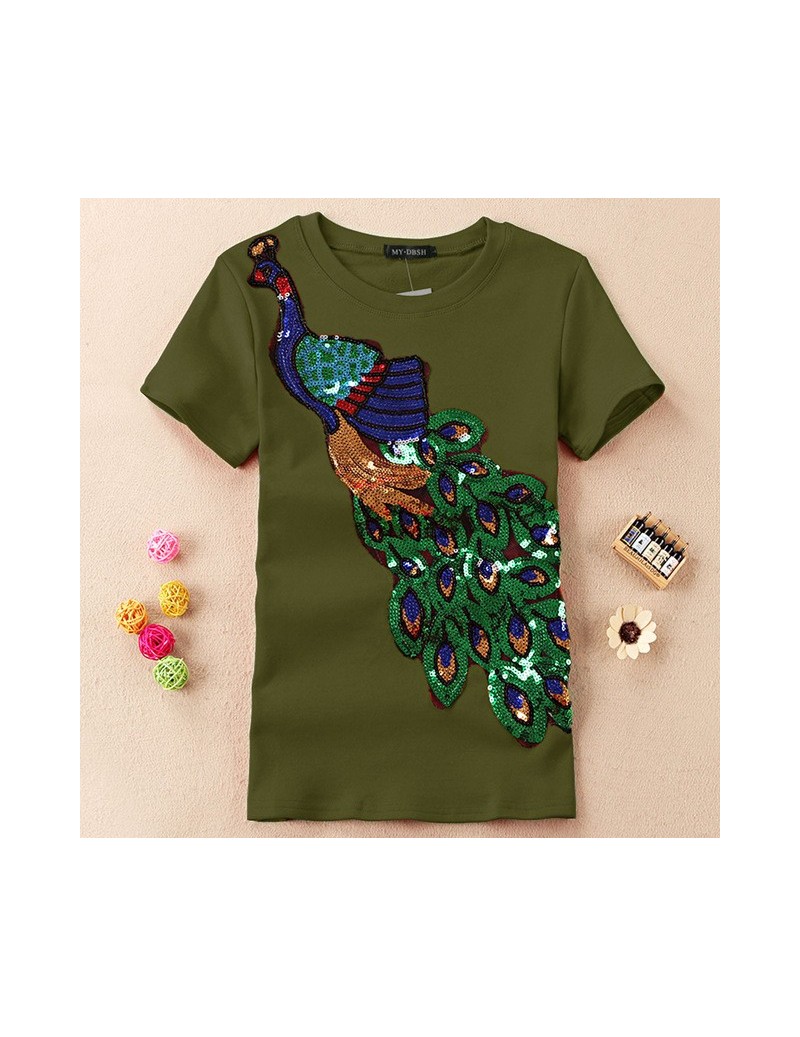 New Fashion Women Elegant Peacock O Neck T shirt Femal Sequins Embroidery T-shirt Casual Top Tees Plus Size S-4XL - O Neck A...