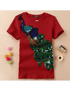 T-Shirts New Fashion Women Elegant Peacock O Neck T shirt Femal Sequins Embroidery T-shirt Casual Top Tees Plus Size S-4XL - ...
