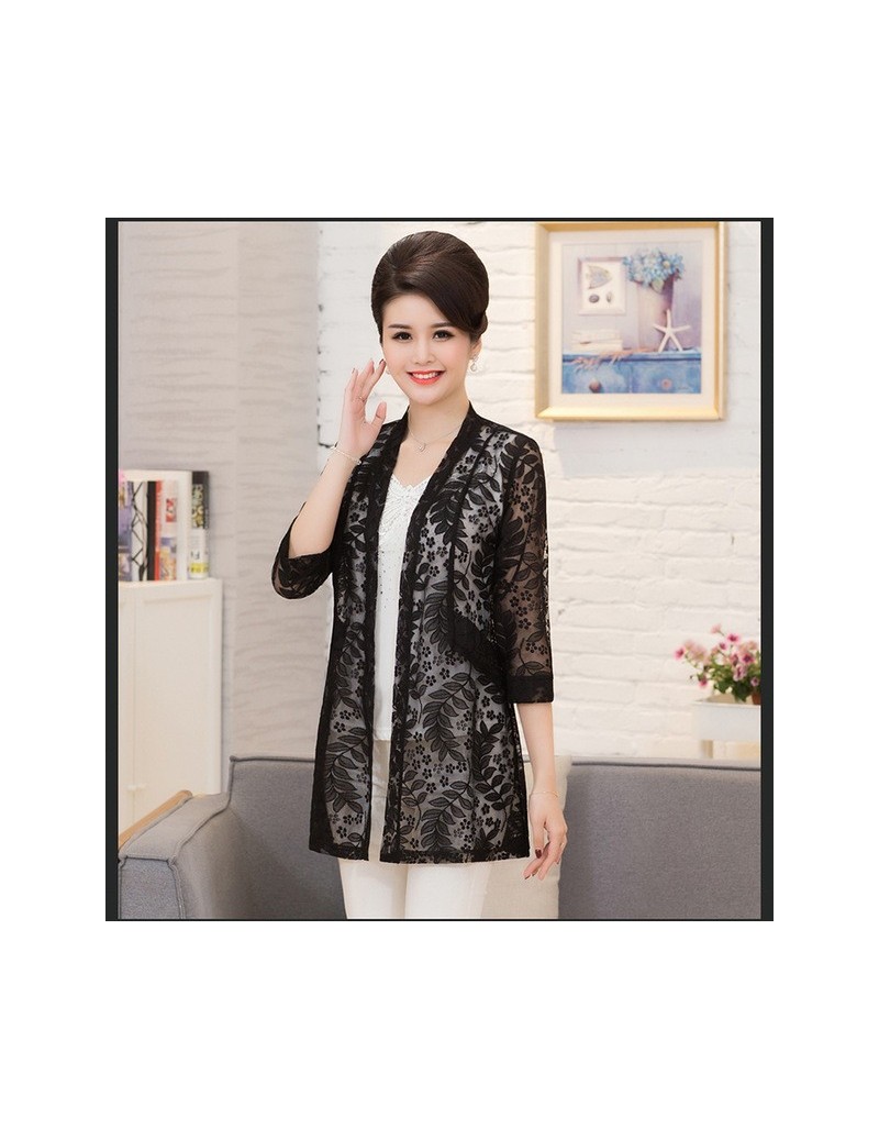 2019 Spring Summer New Middle-Aged Women Lace Sun Protection Cardigan Women Print Fashion Large Size Shawl R199 - Black - 4S...