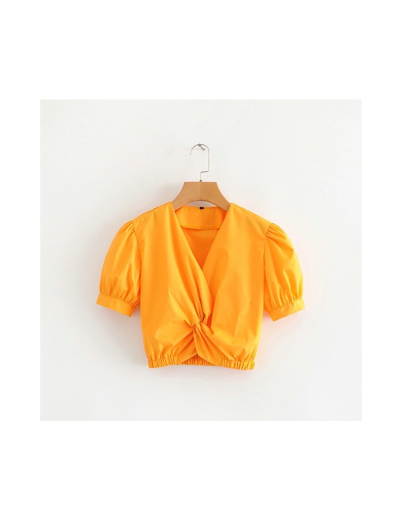 women stylish crop cotton blouse 2019 summer V neck stretch waist short sleeve shirts female chic tops 5W18 - Orange - 4C415...