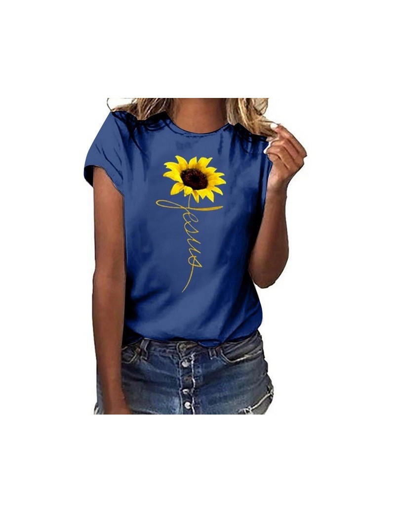 T-Shirts Women Clothes 2019 T Shirt Plus Size Sunflower Print Short Sleeved T-shirt Tops Summer Cotton Streetwear c0513 - Nav...