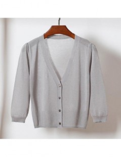 Cardigans Short Knitted Cardigan Coat Summer Women's Three Quarter V Neck Ice Silk Thin Coats Buttons Women Tops - light gray...