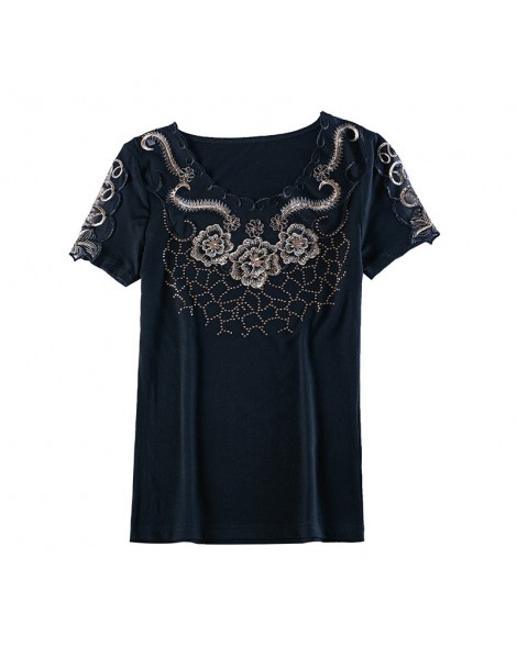 T-Shirts Women T-Shirt Casual short sleeve summer tops Elegant Slim Embroidered Hollow out Back t shirt 4XL Plus size shirt w...