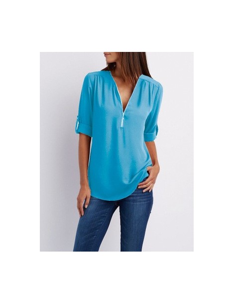 Zipper Short Sleeve Women Shirts Sexy V Neck Solid Womens Tops Blouses Casual Tee Shirts Tops Female Clothes Plus Size - Sky...
