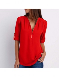 Blouses & Shirts Zipper Short Sleeve Women Shirts Sexy V Neck Solid Womens Tops Blouses Casual Tee Shirts Tops Female Clothes...