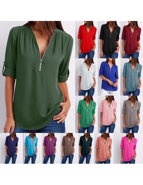Blouses & Shirts Zipper Short Sleeve Women Shirts Sexy V Neck Solid Womens Tops Blouses Casual Tee Shirts Tops Female Clothes...
