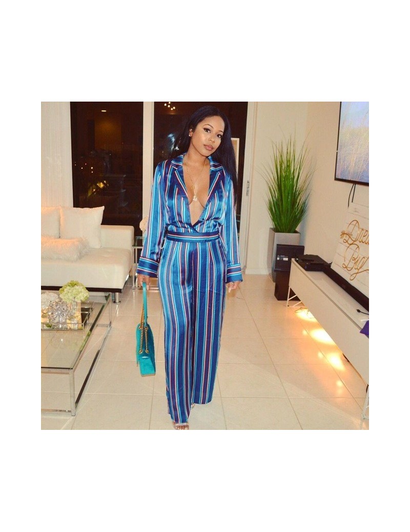 Fashion Striped Shirt Jumpsuit Women Sexy Turn Down Collar Plunging Deep V Neck Long Sleeve Wide Leg Rompers Overalls - Blue...