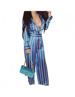 Jumpsuits Fashion Striped Shirt Jumpsuit Women Sexy Turn Down Collar Plunging Deep V Neck Long Sleeve Wide Leg Rompers Overal...