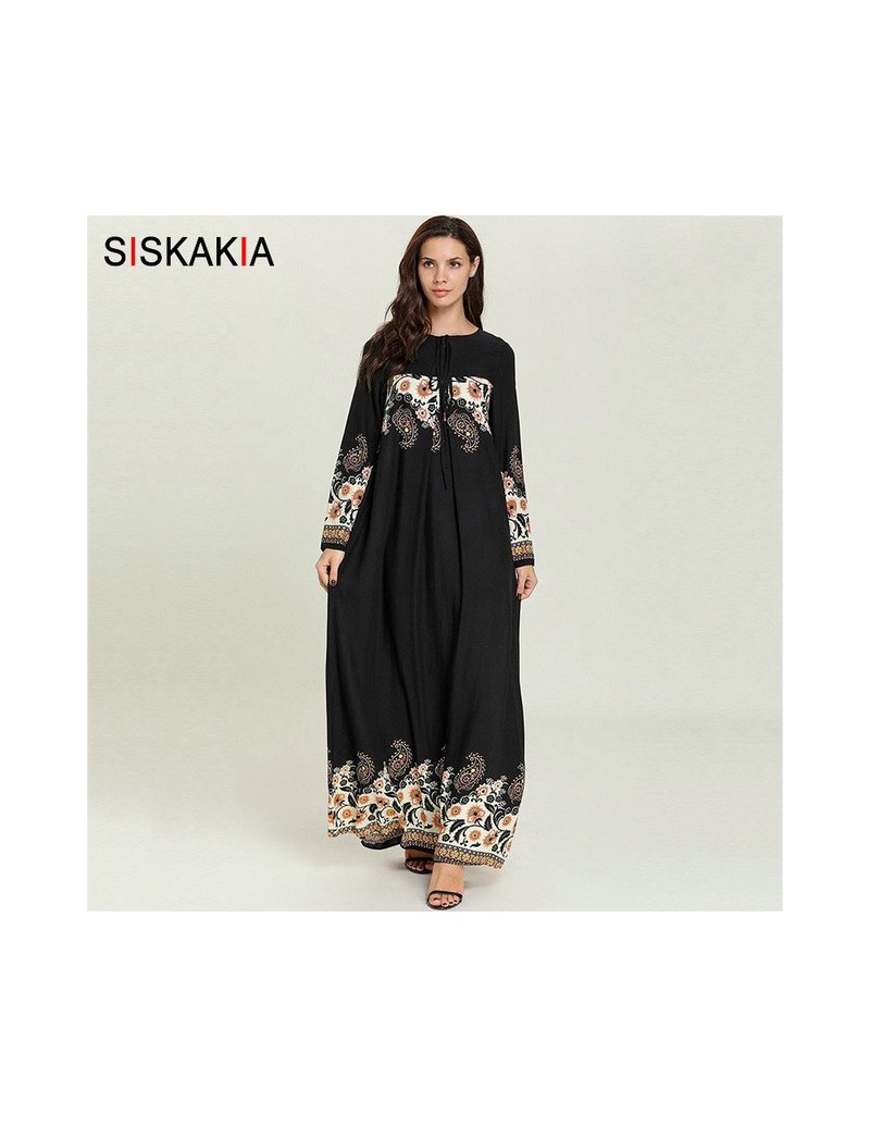 Vintage Ethnic Printing Long Dress Black Muslim Casual Dresses Spring Summer 2019 Round Neck Long Sleeve Plus Size 4XL - Bla...