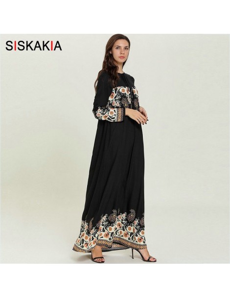 Dresses Vintage Ethnic Printing Long Dress Black Muslim Casual Dresses Spring Summer 2019 Round Neck Long Sleeve Plus Size 4X...