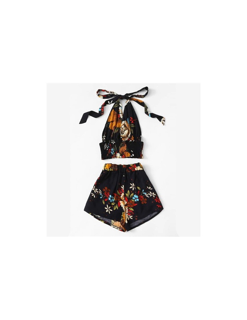 Women's Sets Plus Size Halter Floral Print Knot Shirred Top With Shorts Boho Two Piece Set 2019 Summer Clothes For Women Outf...
