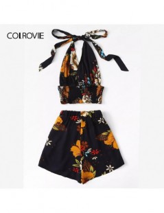 Women's Sets Plus Size Halter Floral Print Knot Shirred Top With Shorts Boho Two Piece Set 2019 Summer Clothes For Women Outf...