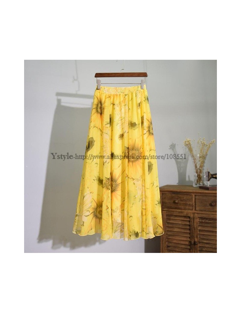 Skirts Women's Fashion Flower Prints Chiffon Long Skirt 2018 Summer Ladies Casual High Waist Pleated 3 Layers Floral Skirts S...