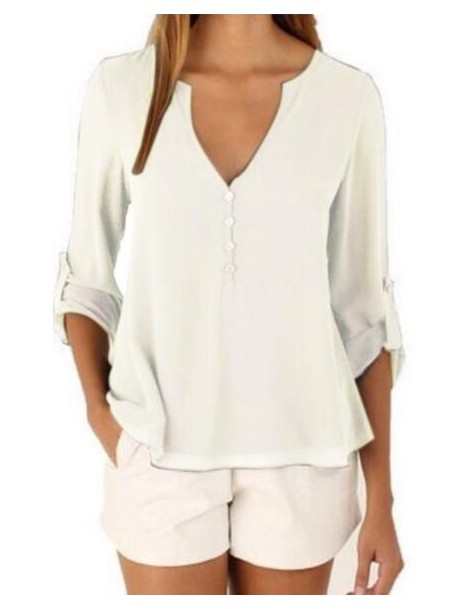 Blouses & Shirts 2019 Summer Women Plus Size S-5XL Casual Sexy Deep V Neck Button Slim Waist Long Sleeve Chiffon Solid Blouse...