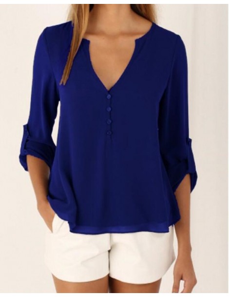 Blouses & Shirts 2019 Summer Women Plus Size S-5XL Casual Sexy Deep V Neck Button Slim Waist Long Sleeve Chiffon Solid Blouse...