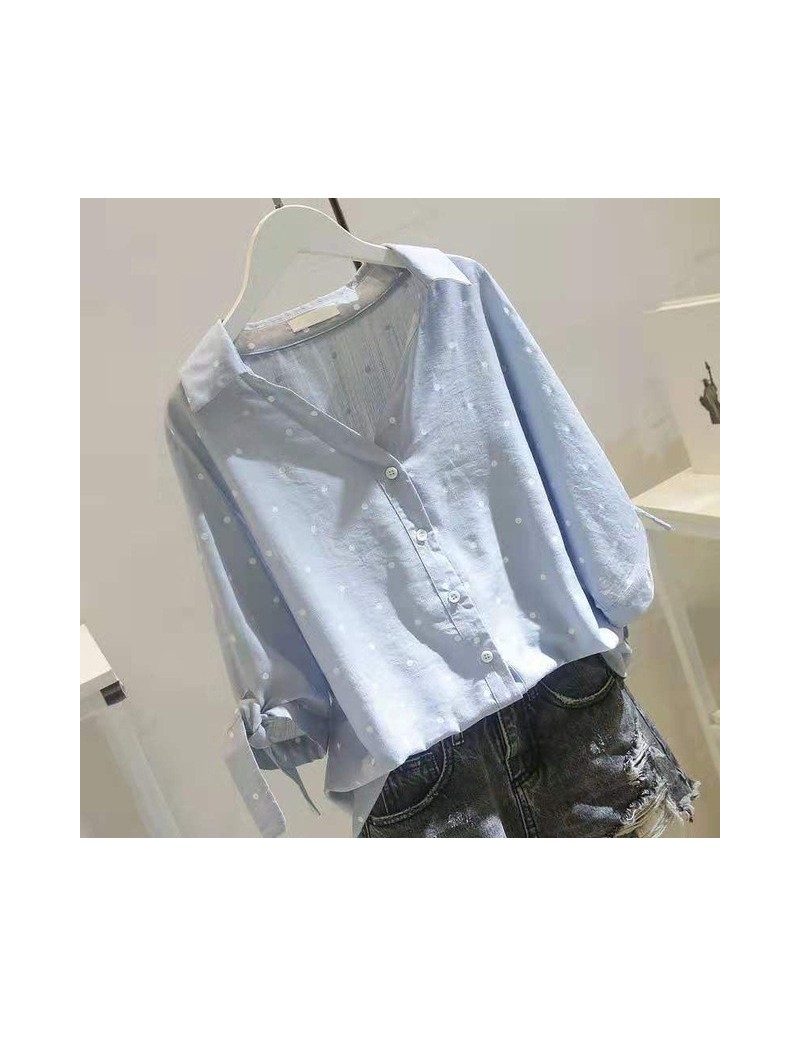 Blouses & Shirts Large Size Women's Blouse Linen Cotton Ladies Shirts 2019 White Blue Dot Button Female Tops Short Sleeve Blu...