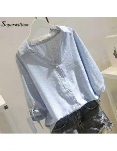 Blouses & Shirts Large Size Women's Blouse Linen Cotton Ladies Shirts 2019 White Blue Dot Button Female Tops Short Sleeve Blu...
