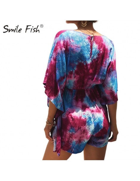 Rompers Batwing Sleeve Tie Dyeing Women Playsuits Boho Drawstring Summer Rompers Overalls Loose Vacation Holiday Jumpsuits Sh...