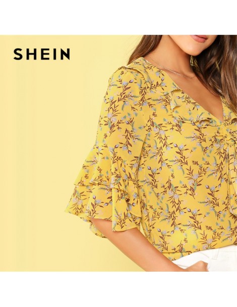 Blouses & Shirts Yellow Ditsy Floral Tie Neck Layered Flounce Sleeve Summer Blouse Women Boho V Neck Half Sleeve Loose Ladies...