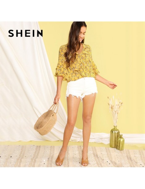 Blouses & Shirts Yellow Ditsy Floral Tie Neck Layered Flounce Sleeve Summer Blouse Women Boho V Neck Half Sleeve Loose Ladies...