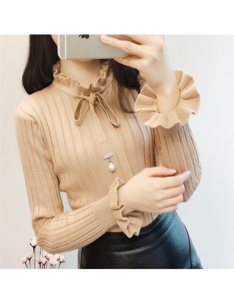 Pullovers 2018 Autumn Winter Women Knitted Pullovers Ruffle Tie Bow Sweater Ladies Long Sleeve Knitwear Bottoming Sweaters Sh...