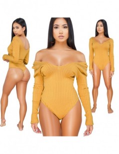 Bodysuits Sexy Bodysuits Women Rib Knitted V-Neck Long Sleeve Beach Playsuits Jumpsuits Ladies Rompers Plus Size - Yellow - 4...