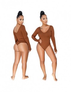 Bodysuits Sexy Bodysuits Women Rib Knitted V-Neck Long Sleeve Beach Playsuits Jumpsuits Ladies Rompers Plus Size - Yellow - 4...