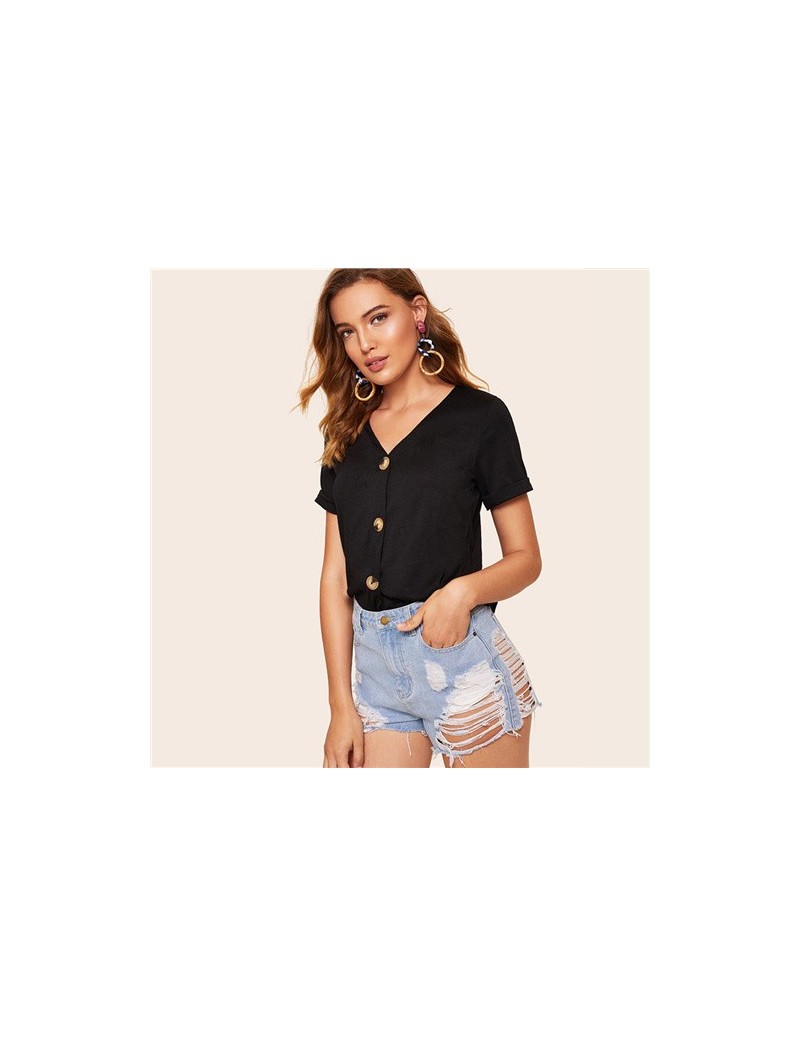 T-Shirts Black Casual V Neck T-shirt Women 2019 Summer Short Sleeve Tee Top Ladies Button Detail Roll Up Sleeve Minimalist To...