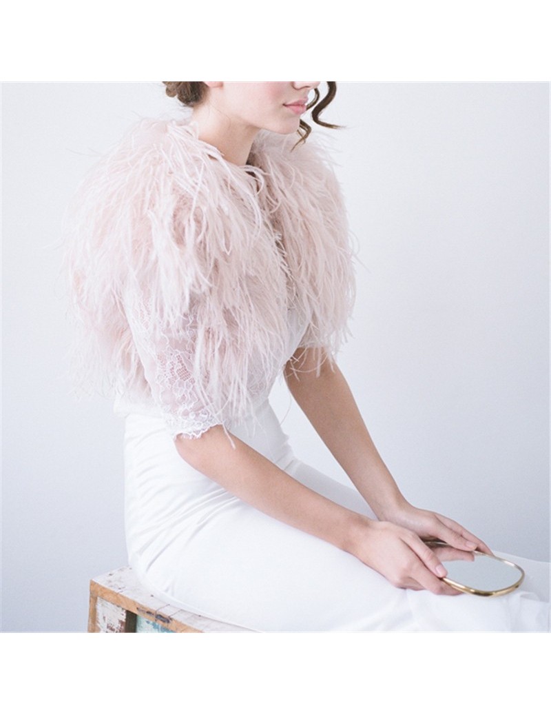 Real Fur 100% Blush Pink Ostrich Feather BRIDAL BOLERO Fur Jacket For Lady Women Evening Gown Wedding dress Bridesmaid Fur Wr...
