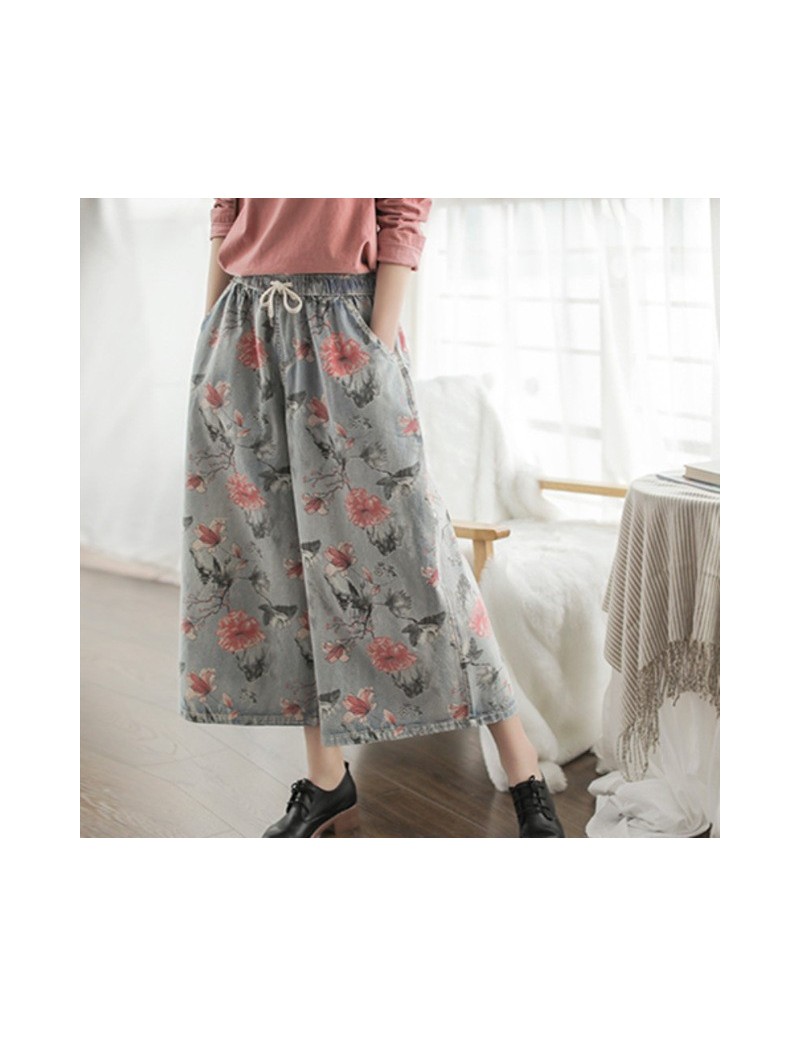 2019 Casual Floral Cotton Pockets Loose Wide Leg Demin Jeans Print Ankle Length Drawstring Spring Women Demin Pants - Sky Bl...
