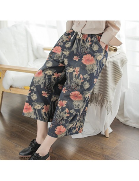 Jeans 2019 Casual Floral Cotton Pockets Loose Wide Leg Demin Jeans Print Ankle Length Drawstring Spring Women Demin Pants - S...