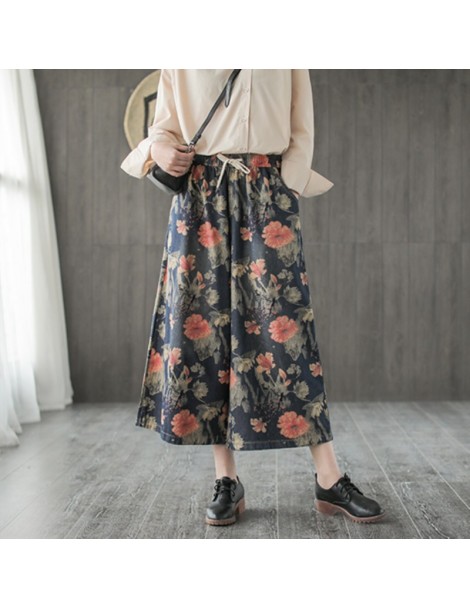 Jeans 2019 Casual Floral Cotton Pockets Loose Wide Leg Demin Jeans Print Ankle Length Drawstring Spring Women Demin Pants - S...