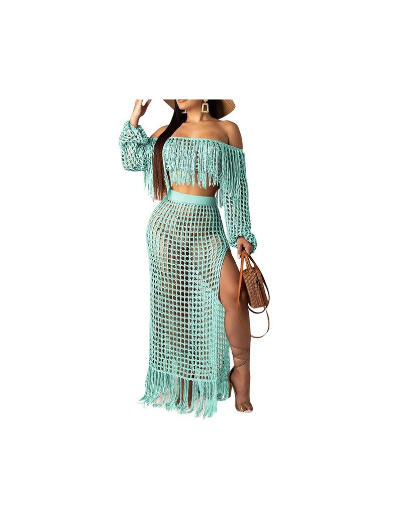 2019 New Summer Two Piece Set Crochet Dress Women Hollow Out Perspective Off Shoulder Tassels Crop Tops And Skirt Set Beach ...
