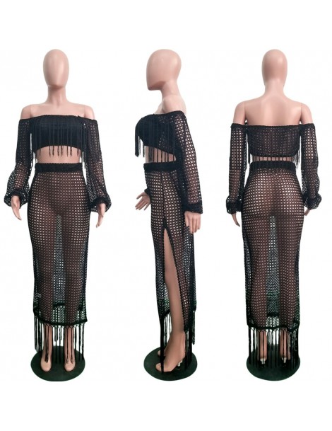Women's Sets 2019 New Summer Two Piece Set Crochet Dress Women Hollow Out Perspective Off Shoulder Tassels Crop Tops And Skir...