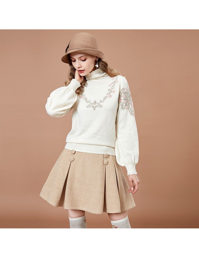 Women's Autumn New Jarquard Wool Sweater Vintage Turtleneck Lantern Sleeve Comfy All-match Knitwear YB12665Q - Light brown -...